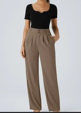 Halara High Waisted Shirred Straight Leg Work Pants Sz Small Womens Beige Pocket