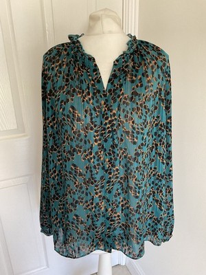 HUSH Blouse Top Size 12 Green Leopard Print Chiffon Sheer Ruffle Neck Buttons