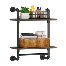 Industrial Pipe Floating Bathroom Shelves Wall Mounted with Towel bar, 2 Tier...