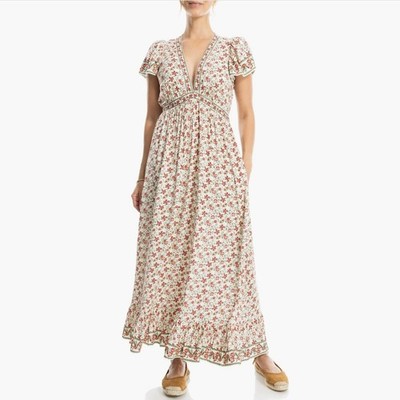 chinese dress ladies Morning Meadow Smocked Maxi Dress Natural/Dusty Coral / Xs