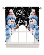 Christmas Swag Valance, Xmas Snowman Robin Black Rod Pocket Kitchen Valance C...
