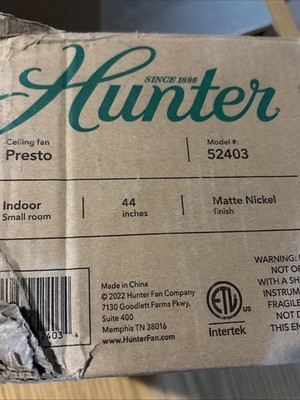 Hunter Presto 44  Ceiling Fan #52403 Matte Nickel