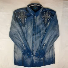 Roar Signature Shirt Mens L Blue Embroidered Cross Button Up Long Sleeve Y2K