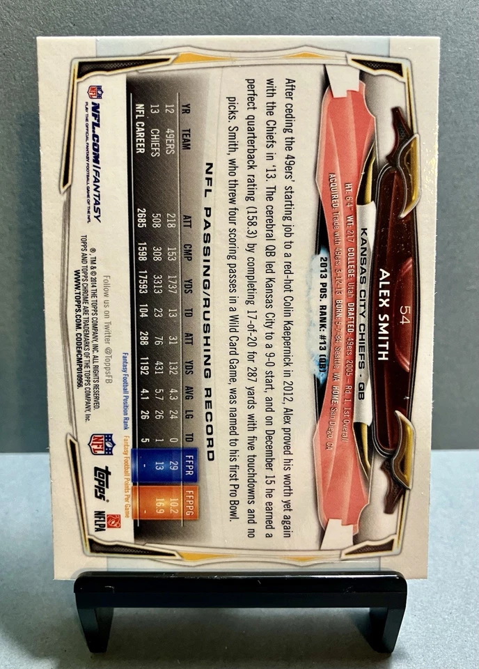 2014 Alex Smith Topps Chrome Refractor Card# 54  - Image 2 of 2