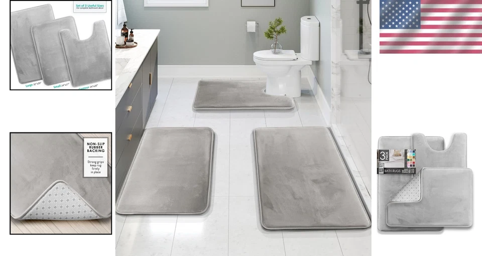 Cómodo juego de alfombras de baño plateadas de 3 piezas - diseño de espuma viscoelástica y impermeable Foto 2 de 4