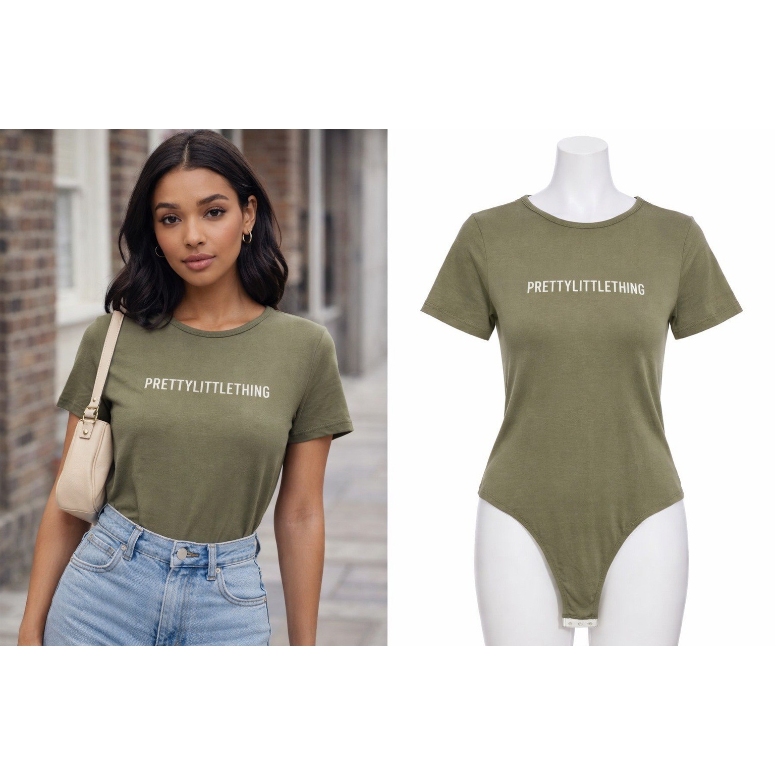 PrettyLittleThing Everyday Logo Bodysuit Olive Green Womens US 12
