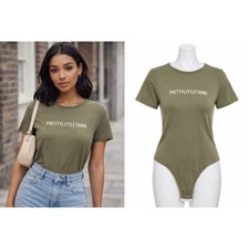 PrettyLittleThing Everyday Logo Bodysuit Olive Green Womens US 12