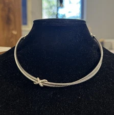 Retired David Yurman 925 Sterling Silver Diamond X Crossover Collar Necklace