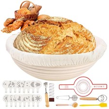 Brot Banneton Set Rund 23cm Rattan Gärkorb mit 10 Leinentücher Profi Backzubehör