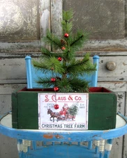 Antique Wood Box Green & Red Milk Paint S. Claus Tree Farm w Christmas Tree