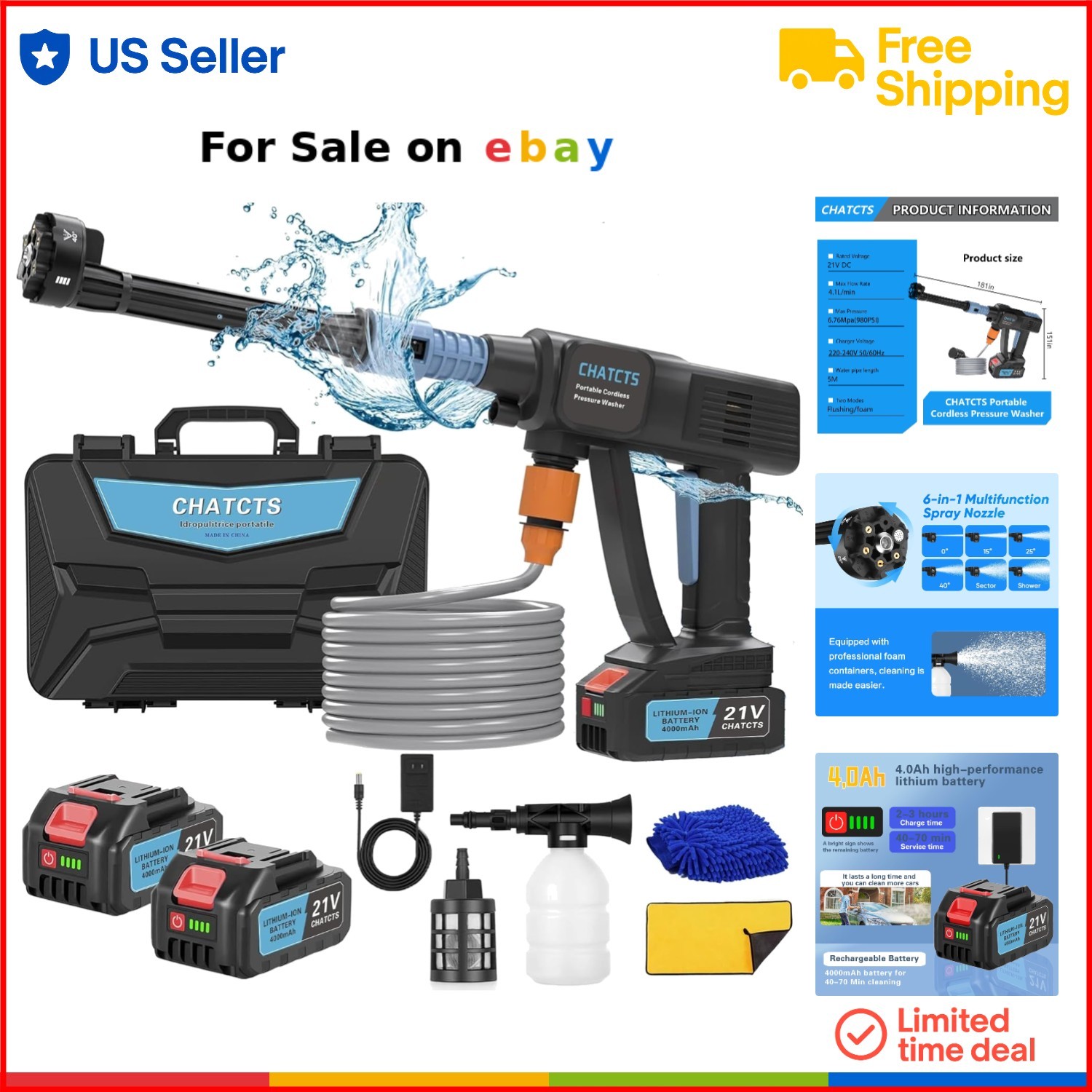 Powerful 980PSI Cordless Pressure Washer with 6 Nozzles for Cars