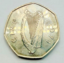 1971 Ireland 50 Pence - Irish Fifty - 600,000 Minted -Harp - Bird -Free Shipping