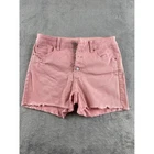 Time & Tru Pink High Rise Button Fly Denim Shorts Distressed Raw Hem Women Sz 10