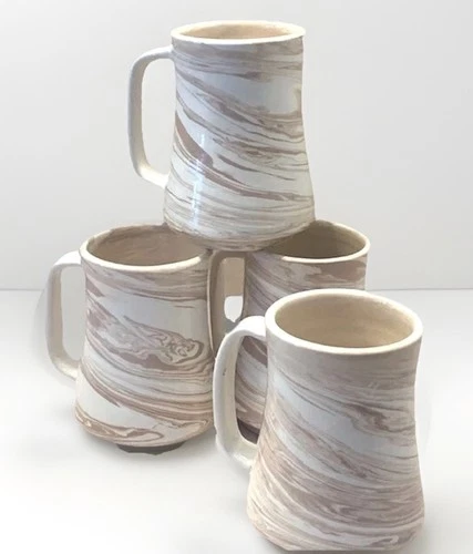 Signed Studio Art Pottery Mugs Ceramic Hand Thrown Boho Swirl Tall Set 4 Vintage