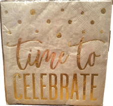 TIME To CELEBRATE Cocktail Party Napkins 16ct /2 Ply Gray-Gold Foil Letters AA34