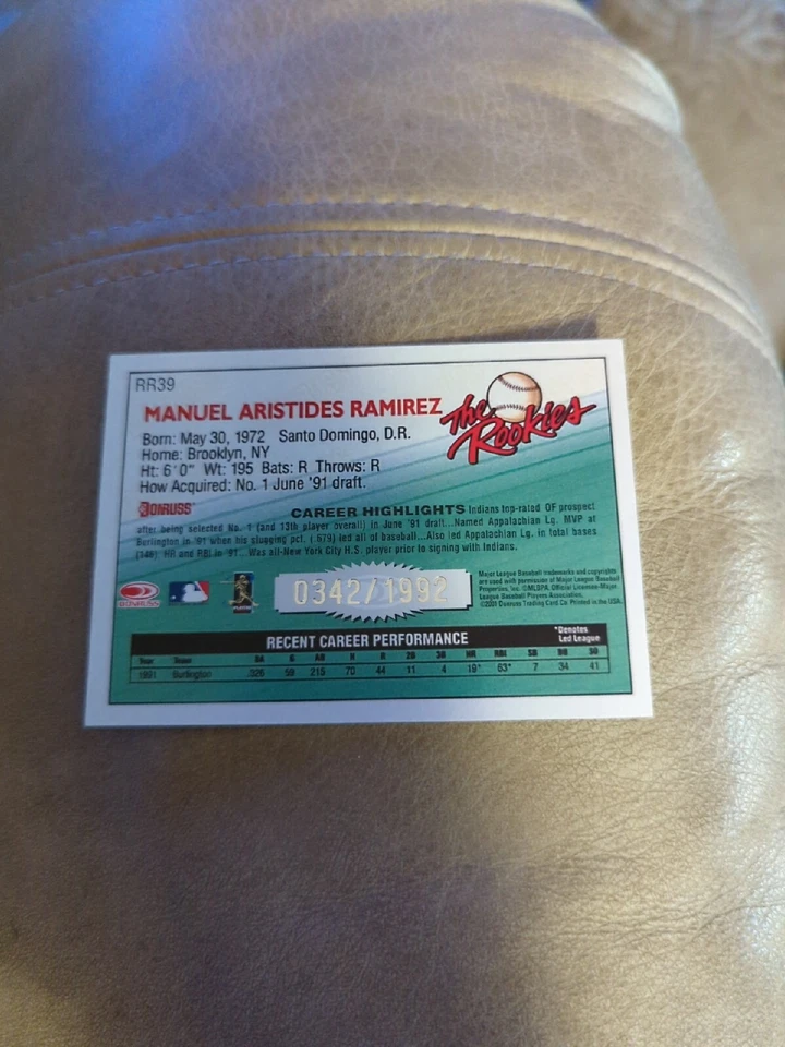 2001 Donruss Manny Ramirez The Rookies 20th Anniversary #RR39  /1992 (Indians) - Image 2 of 2
