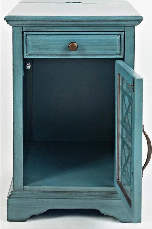 Accent Table End Chair Side Charging USB Wood Antique Blue Furniture Nightstand - Image 2 of 4