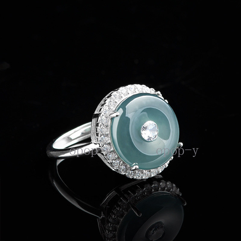 S925 Silver Natural Blue Water Jade Donut Ring Jewelry Gift + Certificate