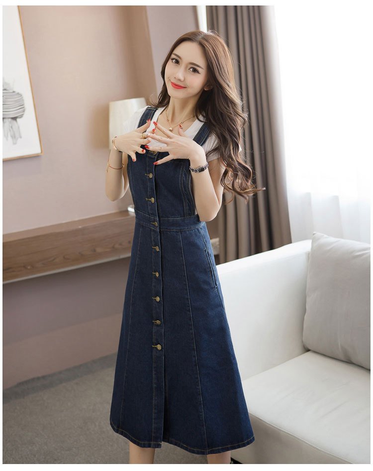 Women Denim Dungaree Overall Dress Long 