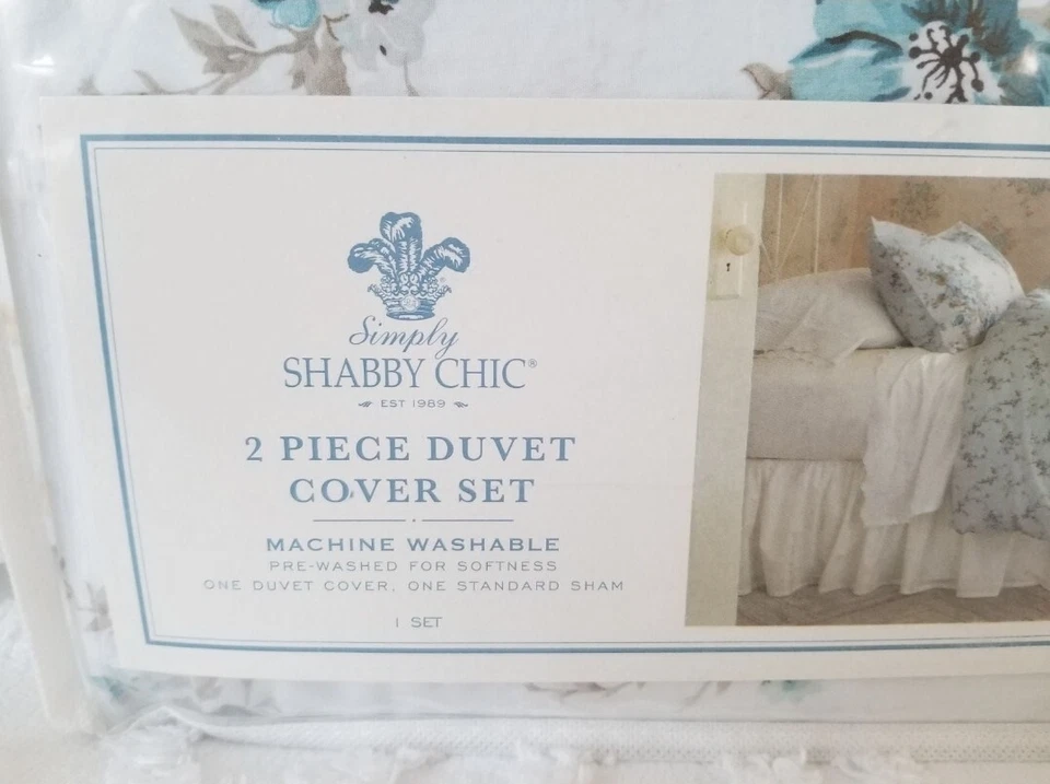 NUEVO CON ETIQUETAS/DIFÍCIL DE ENCONTRAR SIMPLE SHABBY CHIC ~ JUEGO DE EDREDÓN Y FARSA AQUA ROSE 100 % ALGODÓN TALLA DOBLE Foto 4 de 4