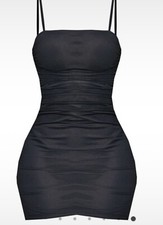 shape black strappy ruched mesh bodycon dress