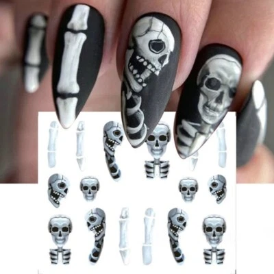 Nail Art Water Decals Stickers Halloween Spooky Skeleton Bones Skull (1263)