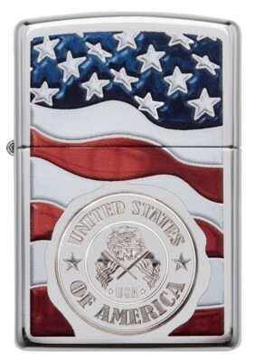 Zippo 29395, Stamped American Flag Design, High Polish Chrome