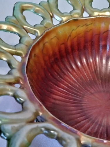 Antique NORTHWOOD Green Carnival Glass Wild Rose Open Lace Footed Candy Nut Bowl - Picture 6 of 12