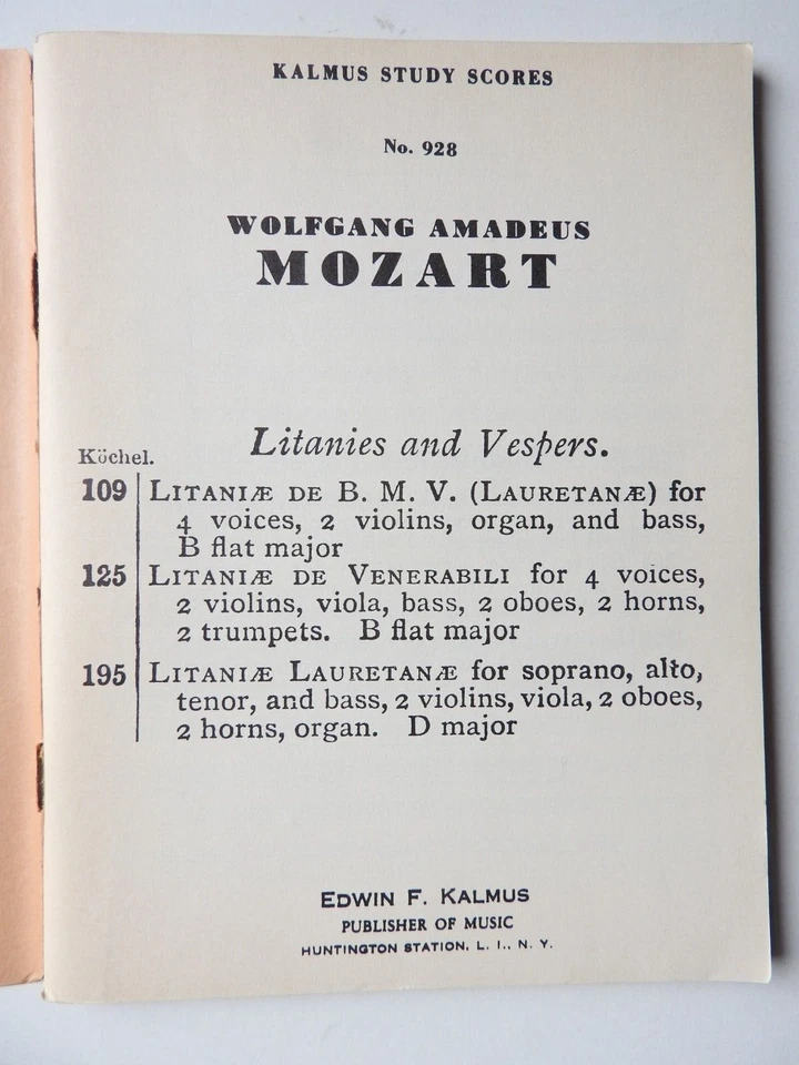 Wolfgang Amadeus Mozart - Three Litanies K 100 125 & 195 Kalmus Study Scores - Image 2 of 3