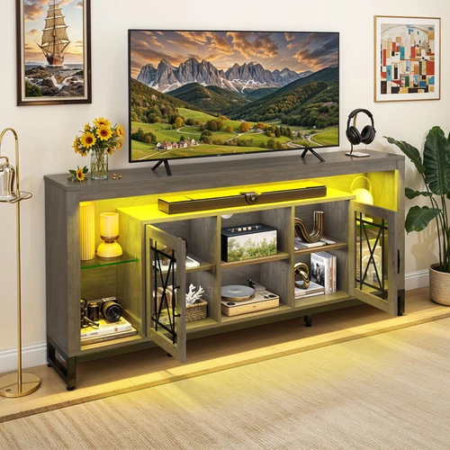 Soporte de TV de 33,5"" de alto para TV de 75" para sala de estar con luces LED y tomas de corriente - Imagen 1 de 11