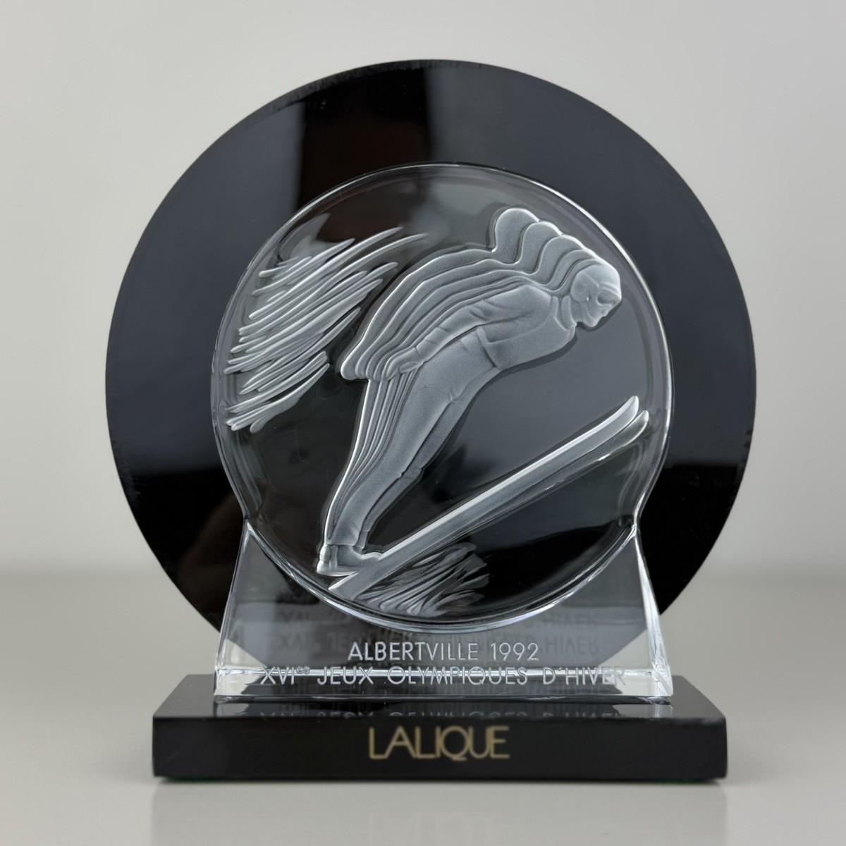 Set Of 3 Lalique Albertville 1992 Winter Olympics Crystal Medallions  W&frasl;Stands