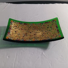 Signed Vetro Di Murano Italy 4 1/4" X 8" Green/Gold Leaf Millefiori Trinket Dish