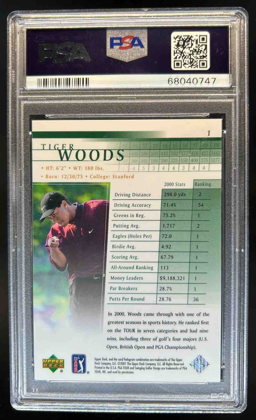 2001 Upper Deck Tiger Woods Rookie RC #1 PSA 10 GEM MINT view 2