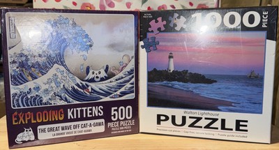 2 Puzzles- Exploding Kittens  The Great Wave Off Cat-A-Gawa  & Walton Lighthouse