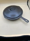 Vtg BSR Red Mountain 10-5/8" cast iron skillet with heat ring and dimpled lid.