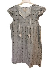 LOFT Vertical Striped Diamond Pattern Ruffle Cap Sleeve Tassels Shift Dress XL