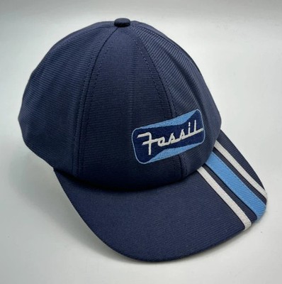 FOSSIL Mens Snapback Hat Blue Racing Stripe Embroidered Logo Vintage USA Made