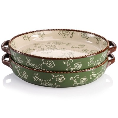 AVLA 2-Pack 9'' Ceramic Pie Pans, Round Baking Dish w/Handle, 28 oz