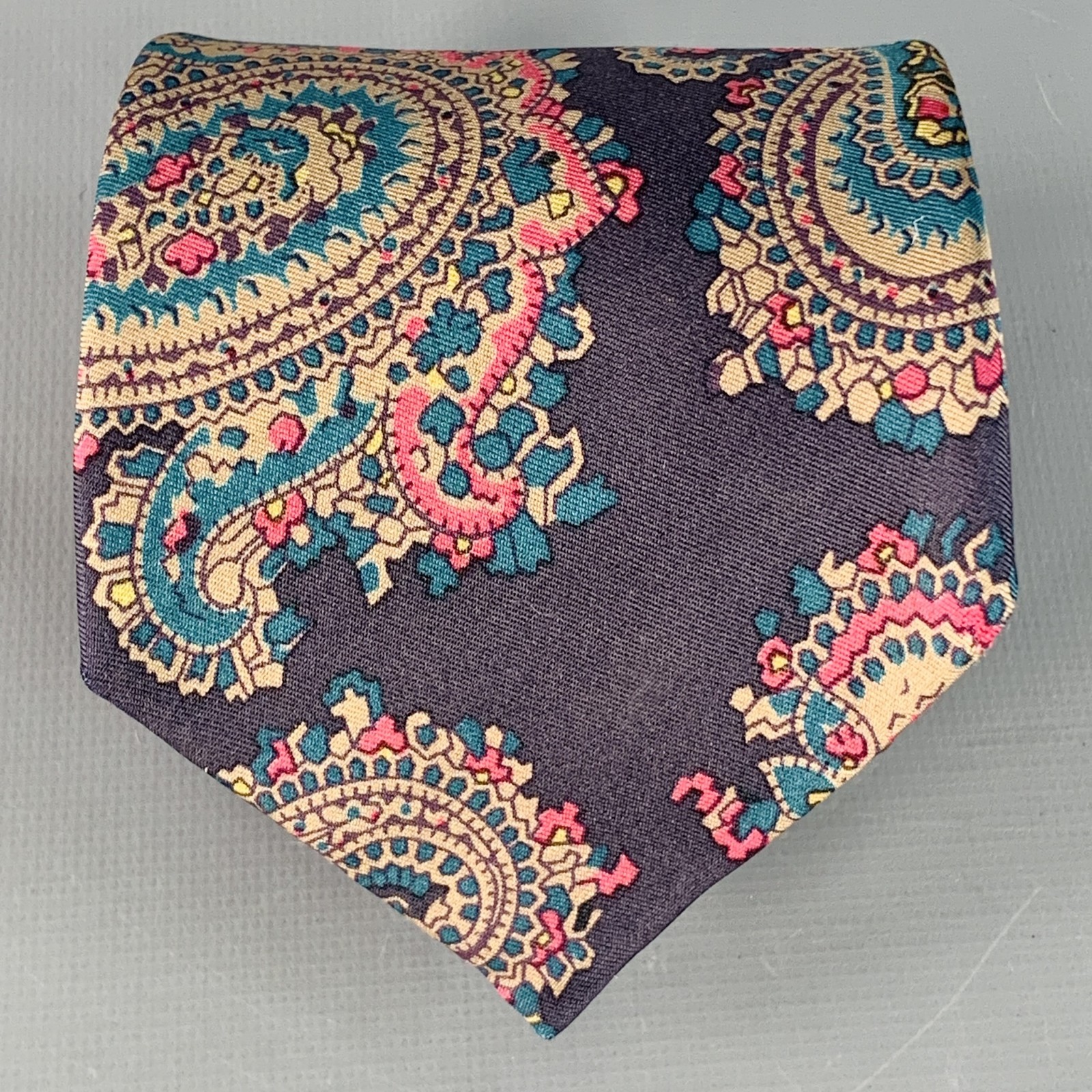 BURBERRYS Vintage Azul Marino Verde Azulado Cachemir Rosa Seda Sarga Corbata
