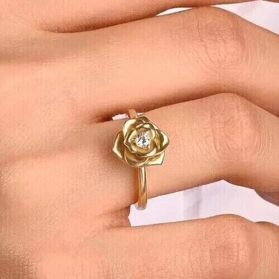 Rose Shape Propose Ring 3mm Round Cut Lab Created Diamond 14K Yellow Gold Finish