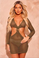 Pretty Little Thing Khaki Crochet Gold Trim Cut Out Beach Dress Size 12