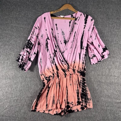 Surf Gypsy Romper S Pink Orange Black Tie-Dye 1/2 Sleeve Boho Beach Vacation