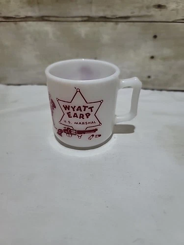 Vintage Wyatt Earp Milk Glass Mug Cup Red 1950's Hazel Atlas Western US Marshall
