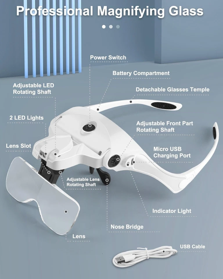 Magnifying Glass Headset 2 LED Light Head Headband Magnifier 5 Lenses With Box - Image 4 of 4