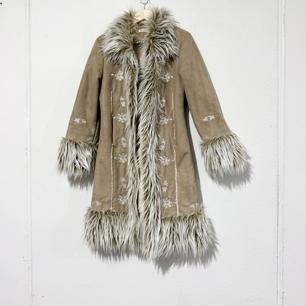 Tree of Life Beige Faux Fur Trim Floral Embroidered Lined Afghan Coat / Size S