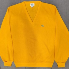 Vintage 80s Izod Lacoste Bright Marigold Orlon Knit V Neck Jumper Sweater L USA