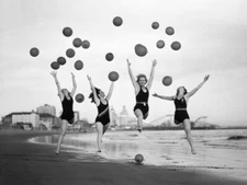 Women Girls Jumping on Beach Balloons Vintage Photo Poster Print, Wall Art Decor