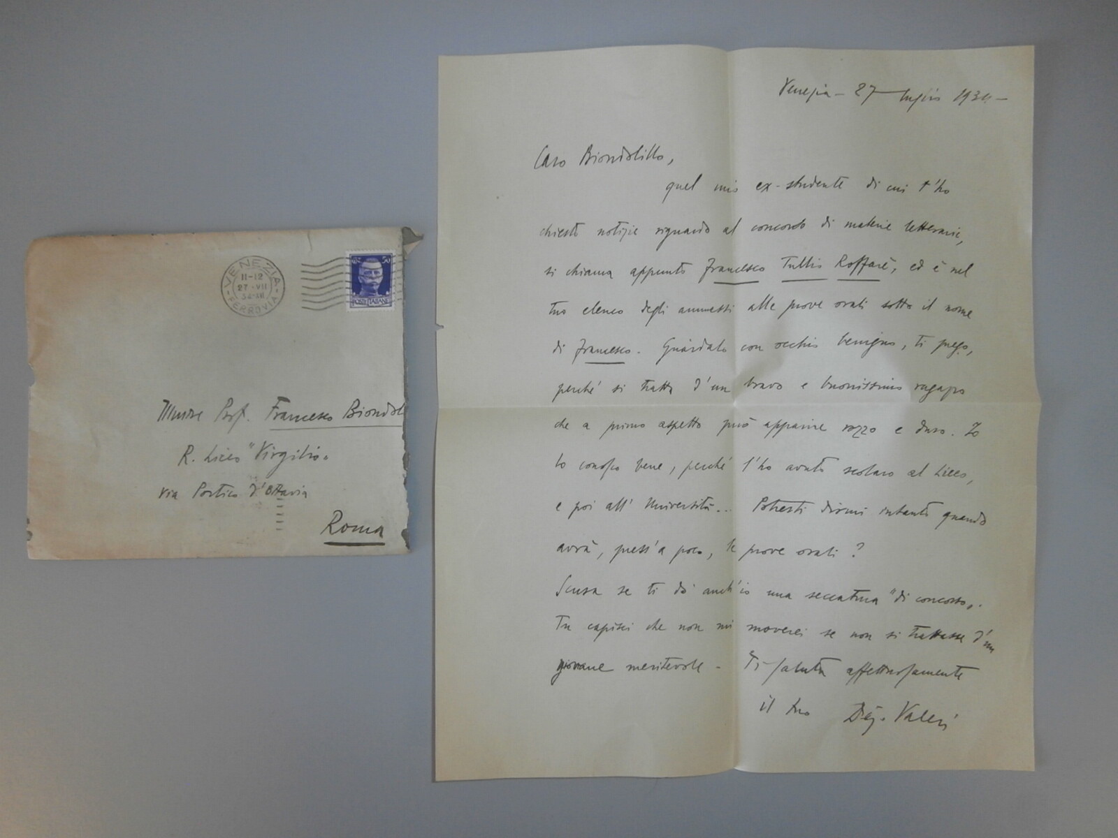 lettera autografa Diego Valeri 1934 firmata datata con busta