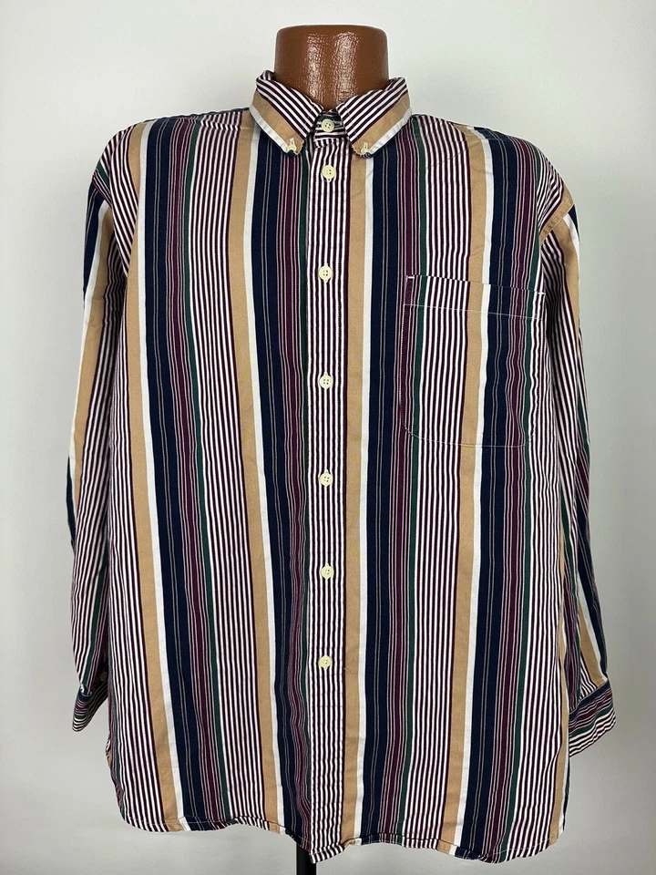 Camisa masculina listrada vintage anos 90 ajuste apertado XL manga longa botão para baixo John Ashford - Imagem 3 de 4