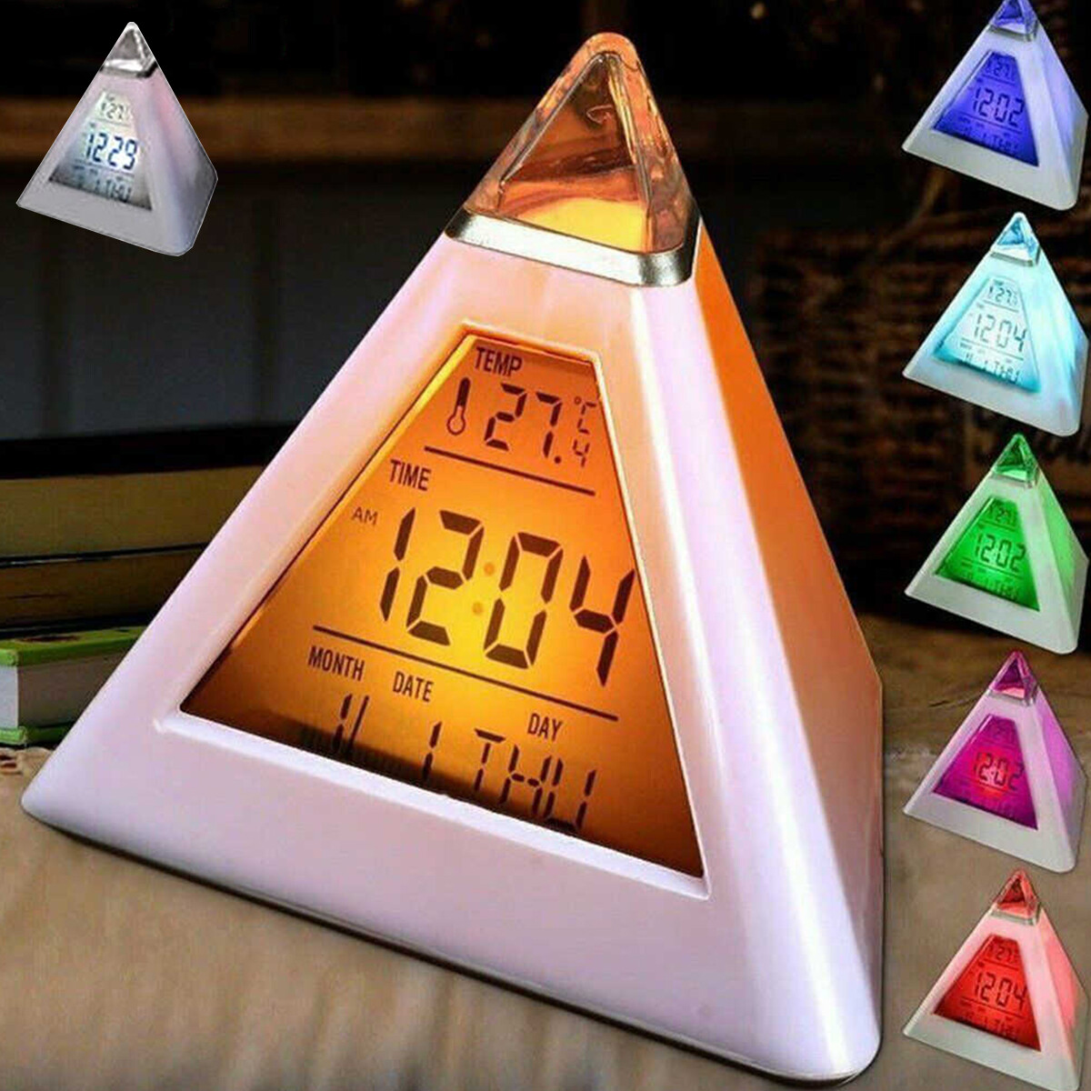 LED Digital Alarm Clock Pyramid Night Light Color Changing Desk Clock+